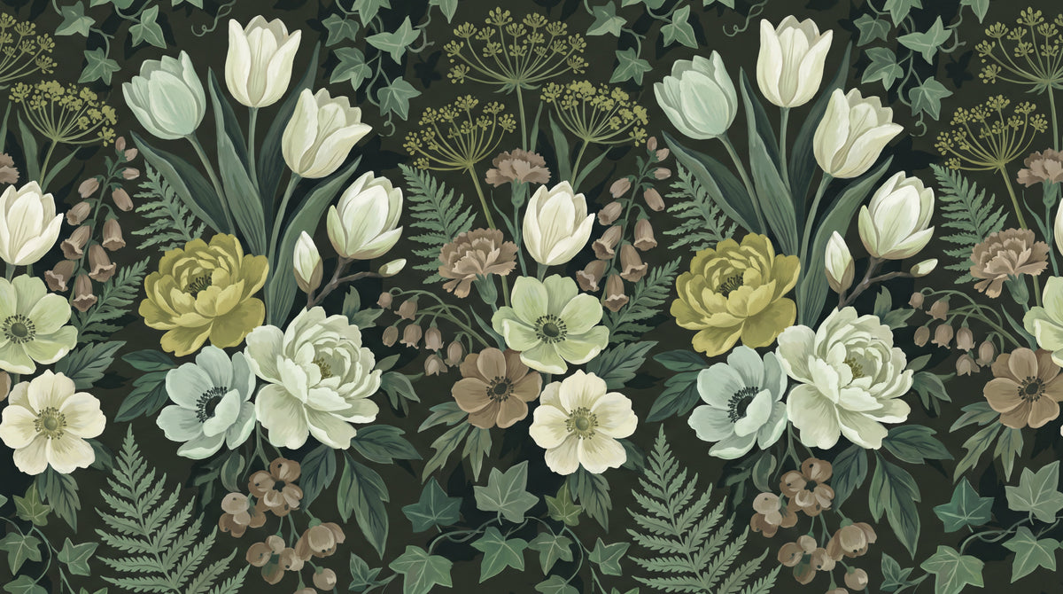 Fernlight Tulip - Green Floral Wallpaper - Dark Green Vintage Greenery Peel and Stick Mural - Design