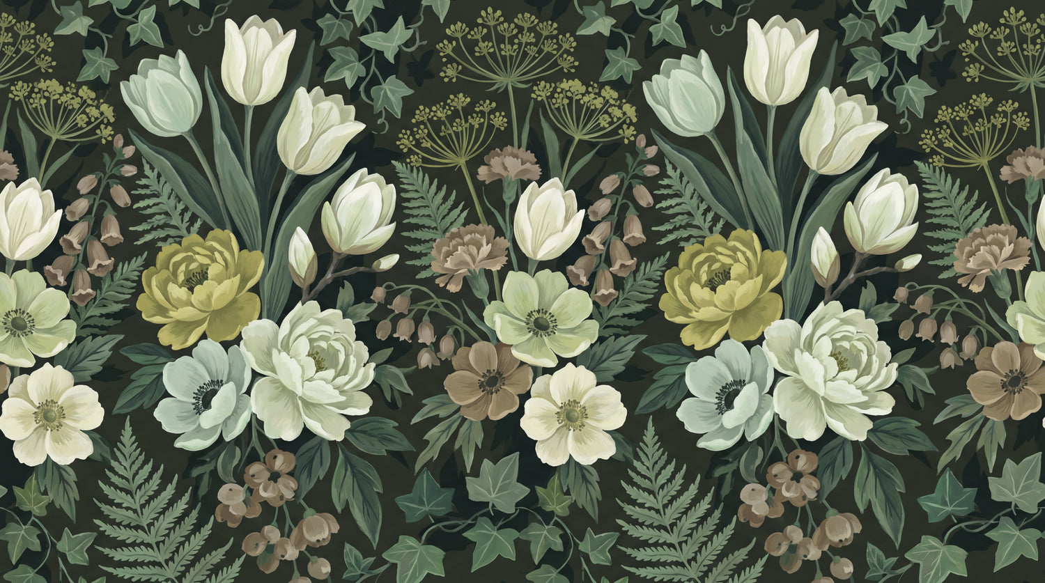 Fernlight Tulip - Green Floral Wallpaper - Dark Green Vintage Greenery Peel and Stick Mural - Design
