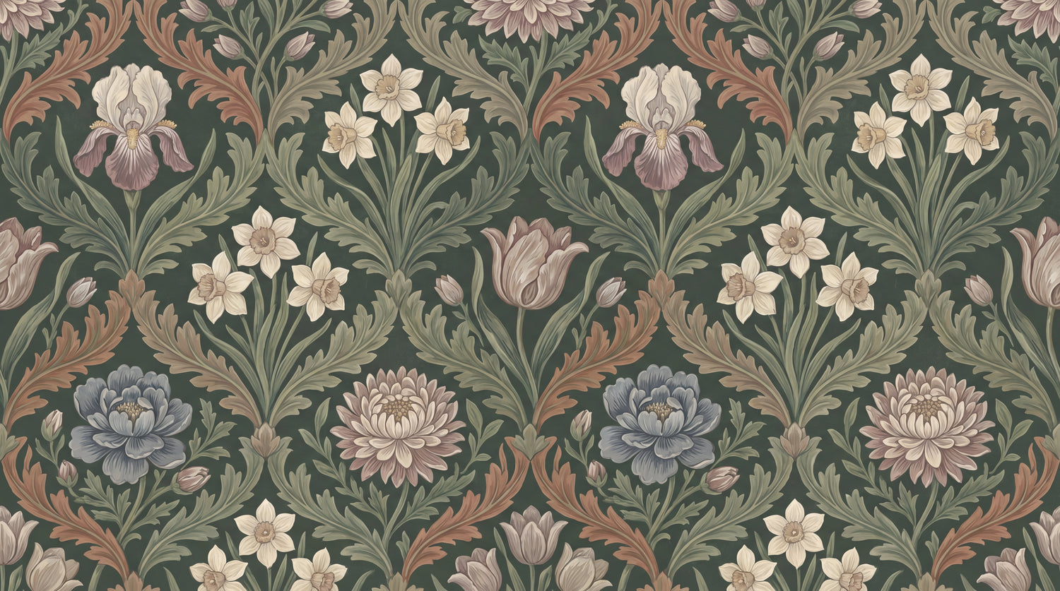 Fernwake Ironleaf Green Wallpaper - Victorian Floral Vintage Damask Botanical Peel and Stick - Design