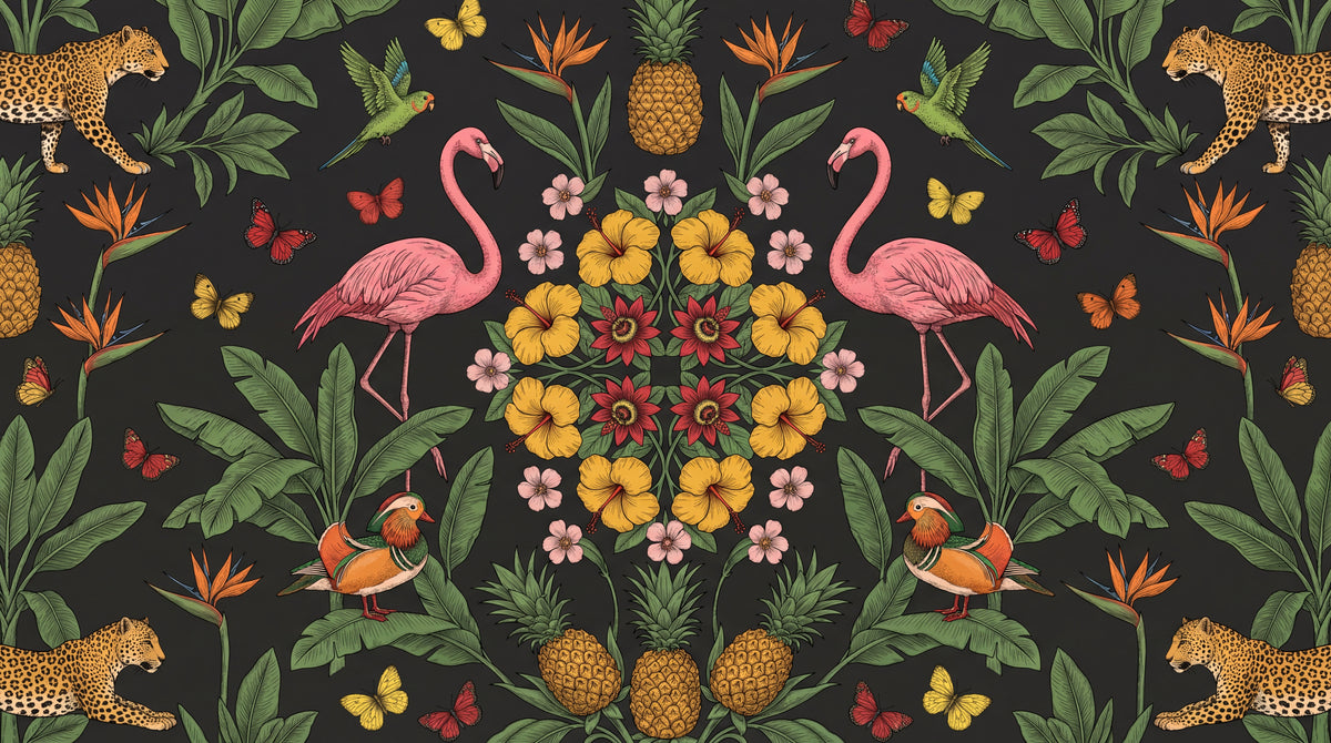 Flamingo Hibiscus Rhapsody Dark Floral Wallpaper - Dark Green Flower Wallpaper Peel and Stick - Design