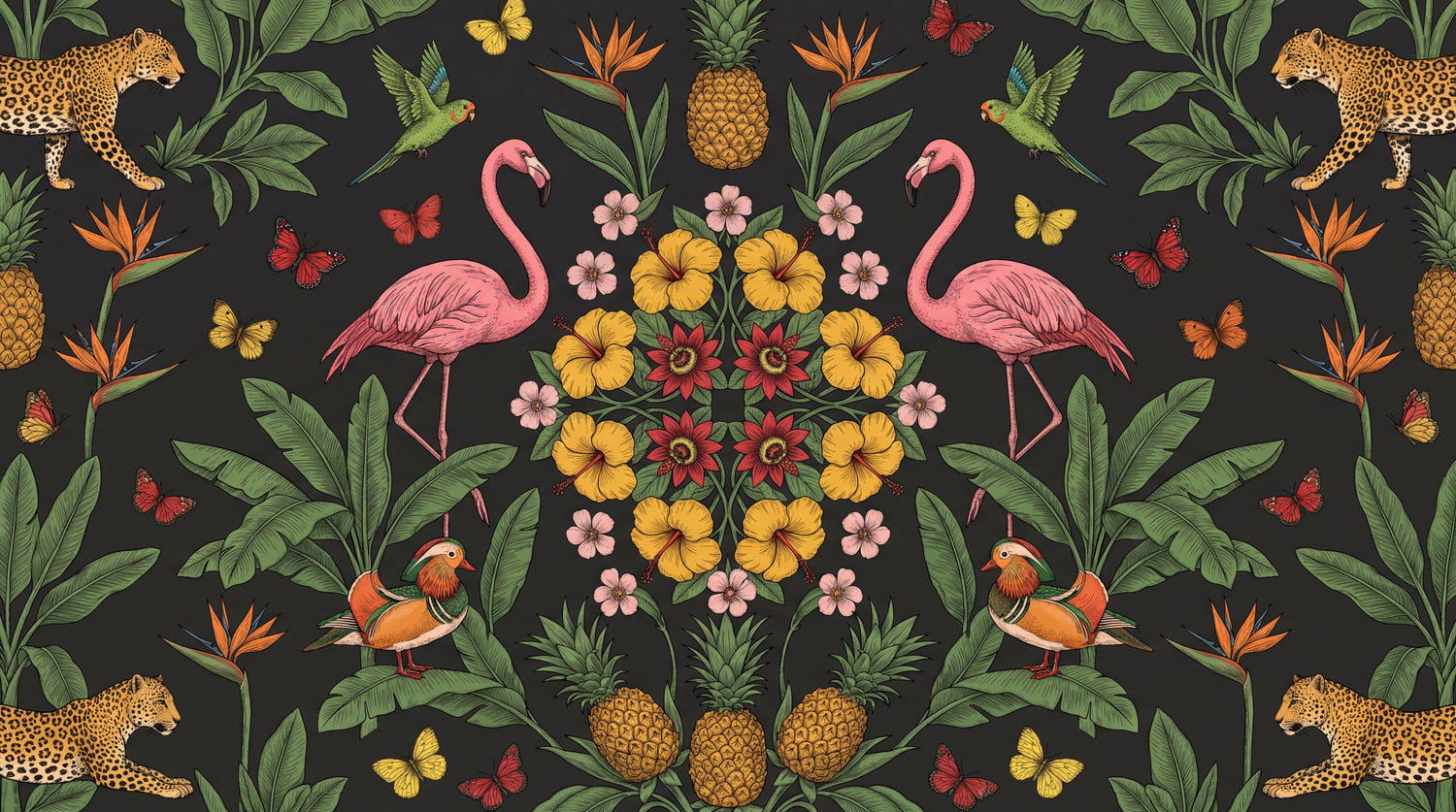 Flamingo Hibiscus Rhapsody Dark Floral Wallpaper - Dark Green Flower Wallpaper Peel and Stick - Design