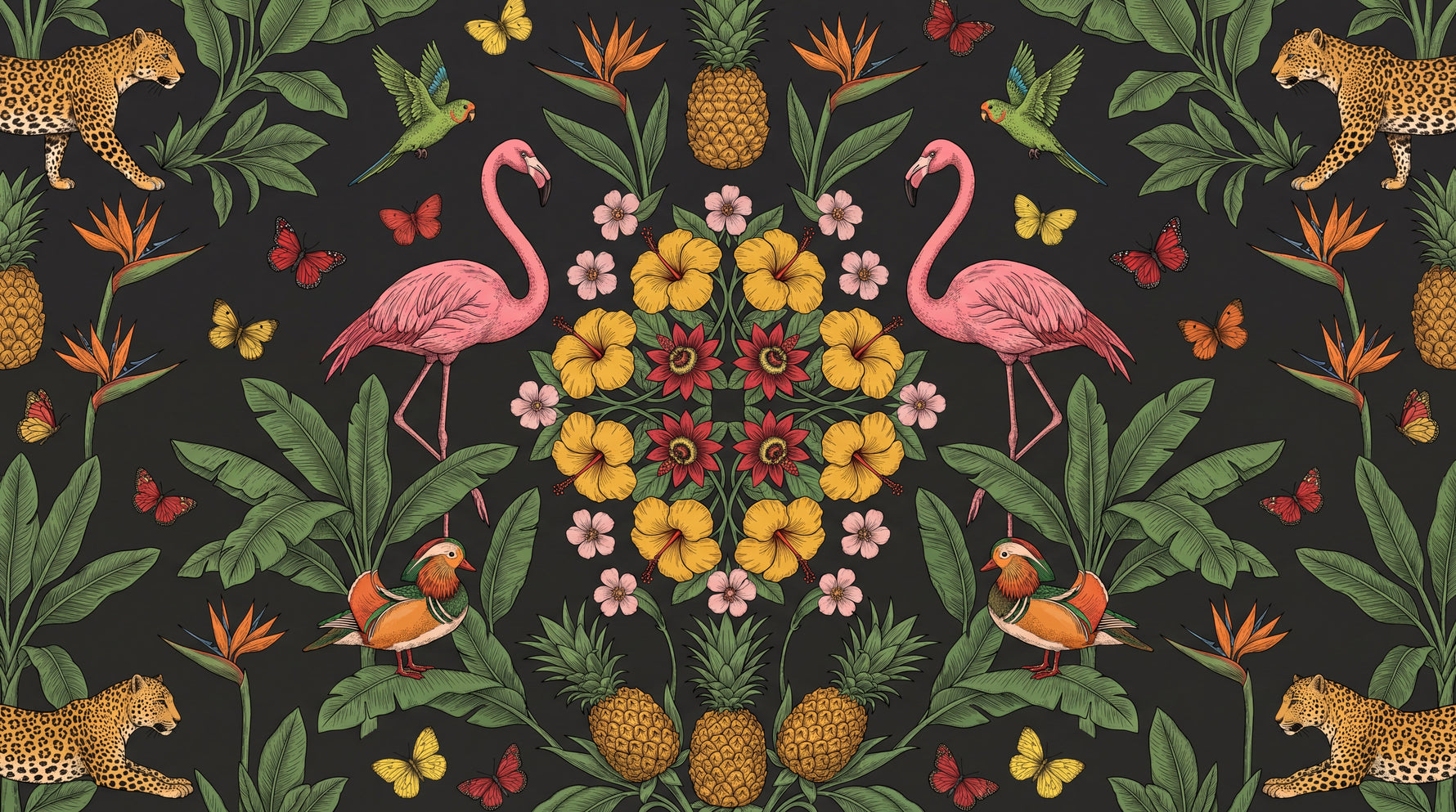 Flamingo Hibiscus Rhapsody Dark Floral Wallpaper - Dark Green Flower Wallpaper Peel and Stick - Design