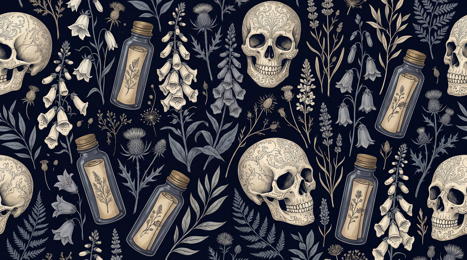 Foxglove Apothecary Dark Gothic Wallpaper - Dark Academia Skull Botanical Leaf Peel and Stick Mural - Design