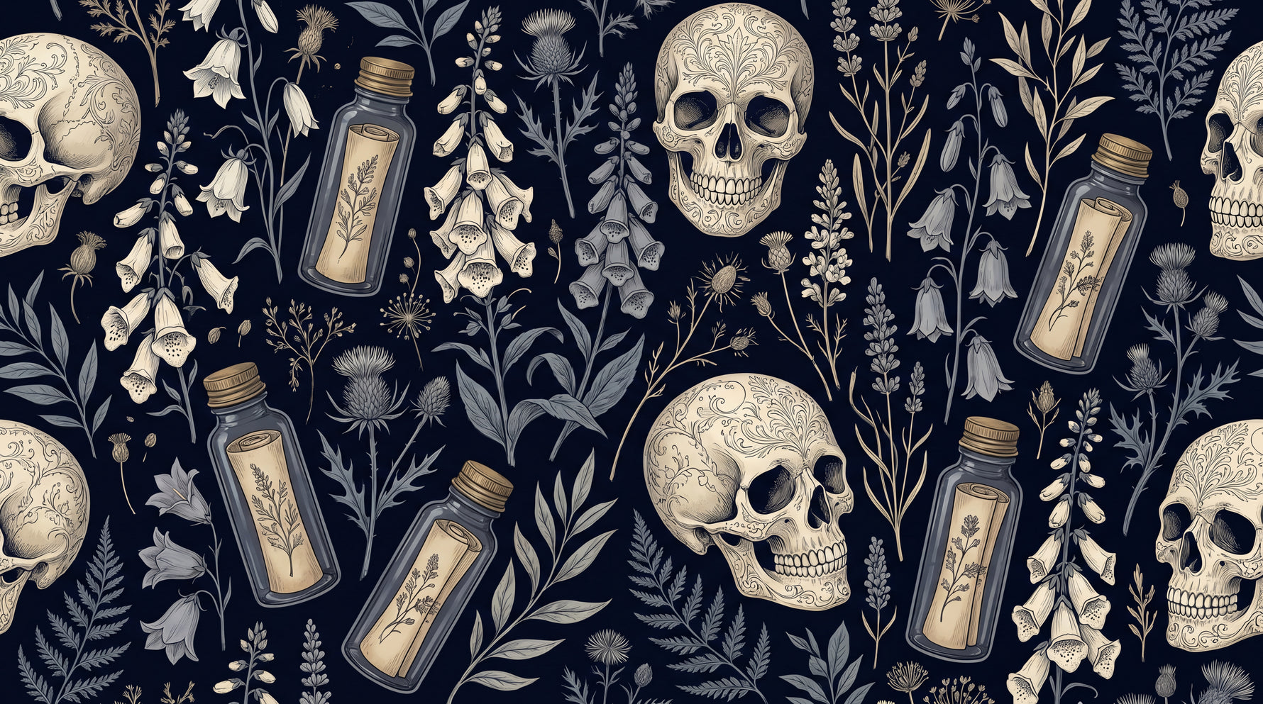 Foxglove Apothecary Dark Gothic Wallpaper - Dark Academia Skull Botanical Leaf Peel and Stick Mural - Design