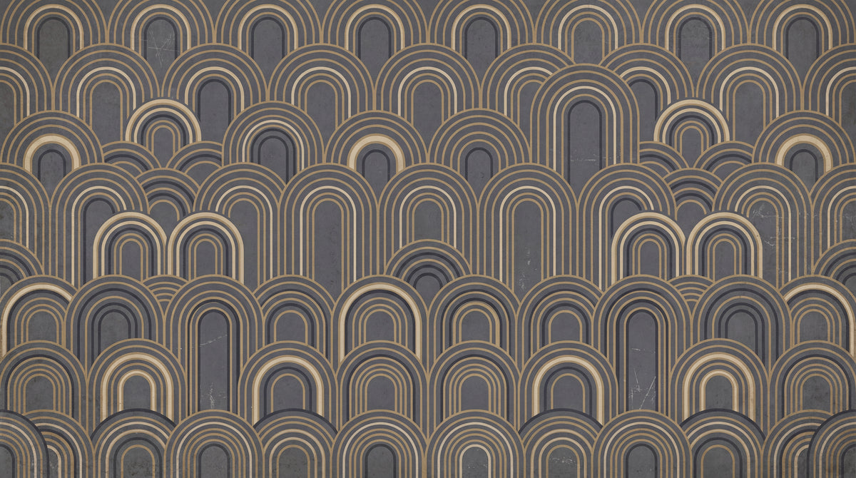Gilded Arches - Gray Art Deco Wallpaper - Grey Geometric Gold Vintage Peel and Stick Wall Mural - Design