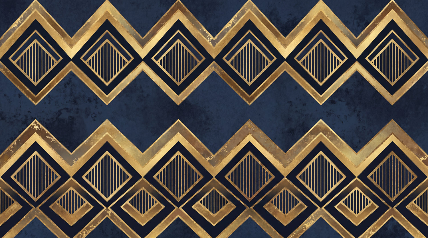 Gilded Cascade - Blue Art Deco Wallpaper - Navy Geometric Gold Vintage Peel and Stick Mural - Design