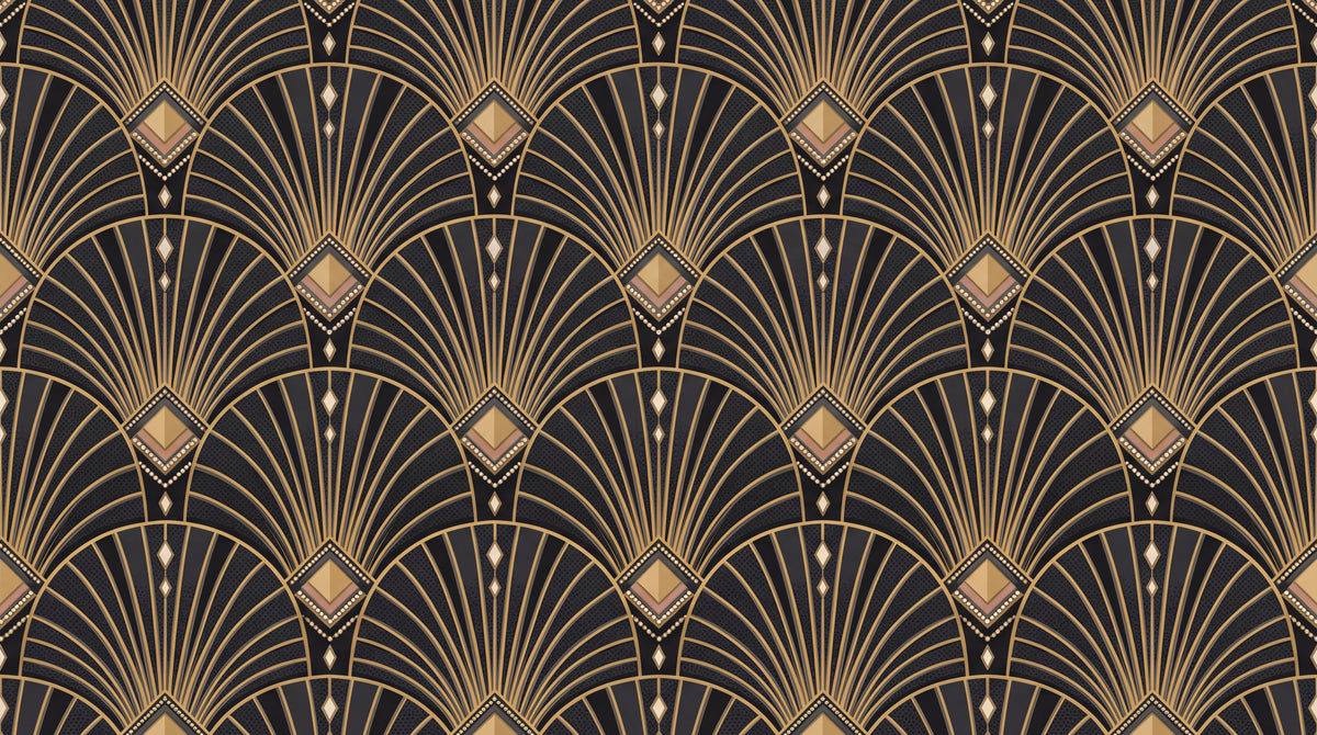 Gilded Fans - Black Art Deco Wallpaper - Black and Gold Geometric Vintage Peel and Stick Wall Mural - Design