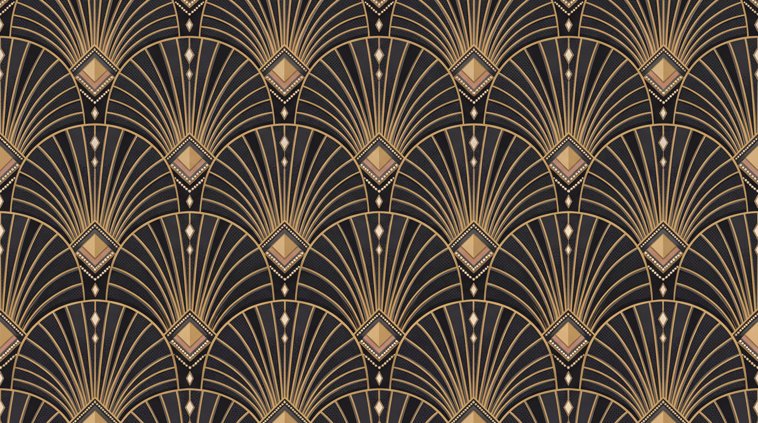 Gilded Fans - Black Art Deco Wallpaper - Black and Gold Geometric Vintage Peel and Stick Wall Mural - Design