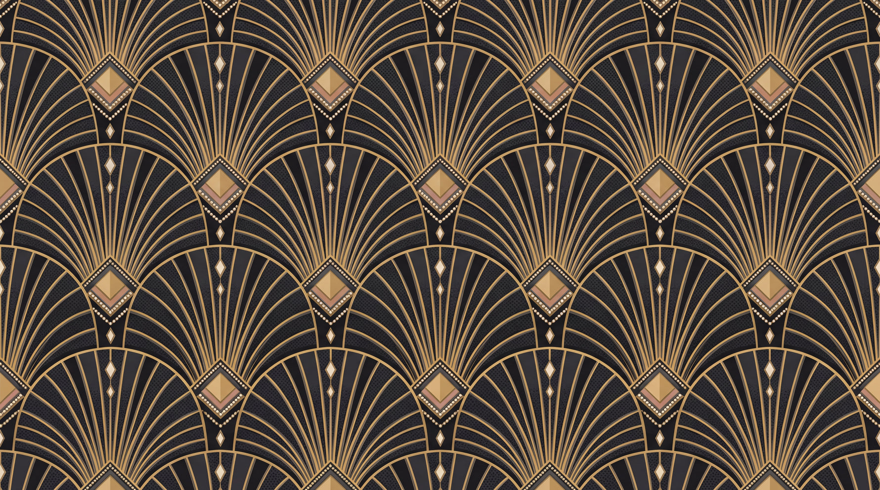 Gilded Fans - Black Art Deco Wallpaper - Black and Gold Geometric Vintage Peel and Stick Wall Mural - Design