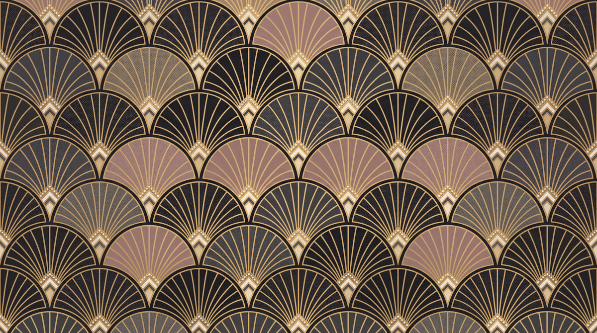 Gilded Fans - Dark Art Deco Wallpaper - Black and Gold Geometric Vintage Rose Peel and Stick Mural - Design