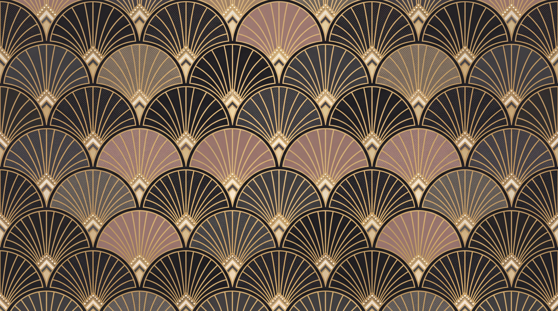 Gilded Fans - Dark Art Deco Wallpaper - Black and Gold Geometric Vintage Rose Peel and Stick Mural - Design