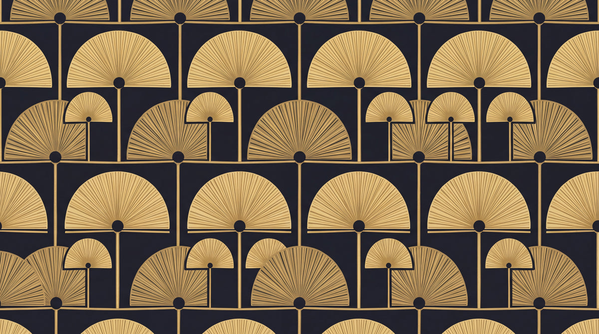 Gilded Fans - Gold Art Deco Wallpaper - Navy Blue Geometric Vintage Peel and Stick Mural - Design