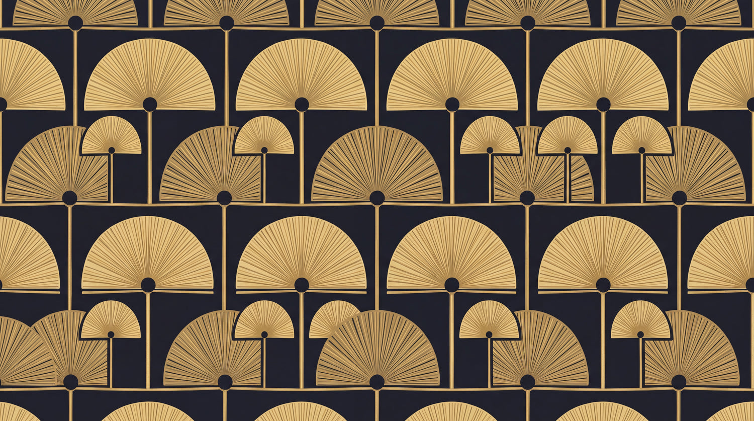 Gilded Fans - Gold Art Deco Wallpaper - Navy Blue Geometric Vintage Peel and Stick Mural - Design