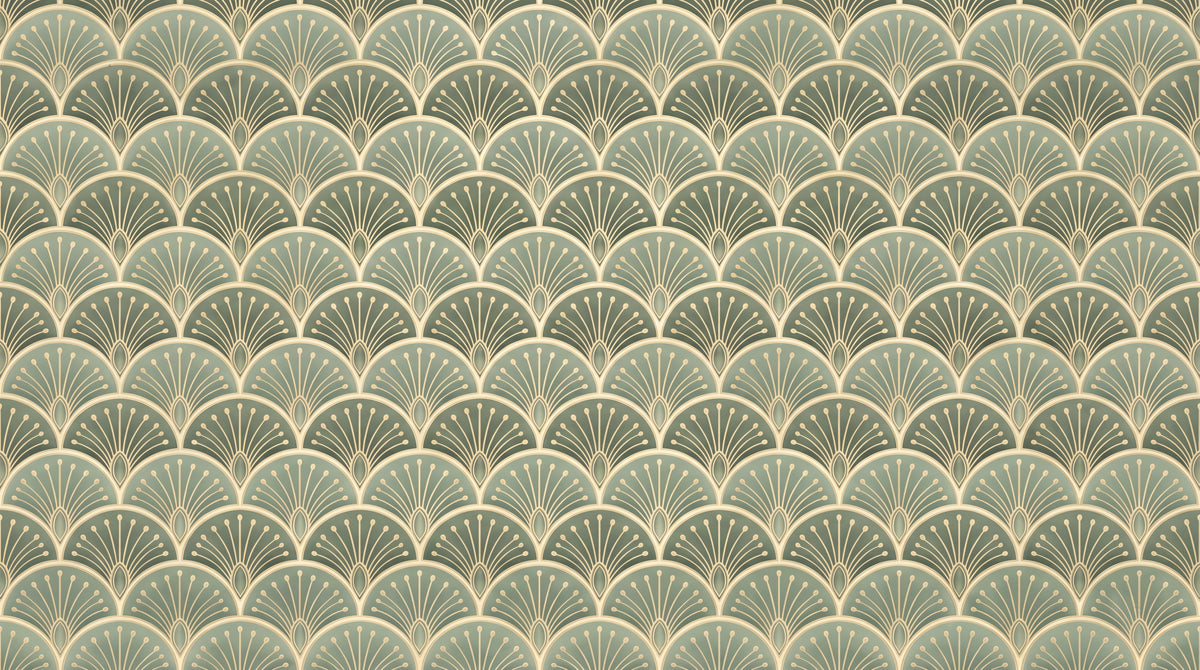 Gilded Fans - Green Art Deco Wallpaper - Sage Geometric Vintage Peel and Stick Mural - Design
