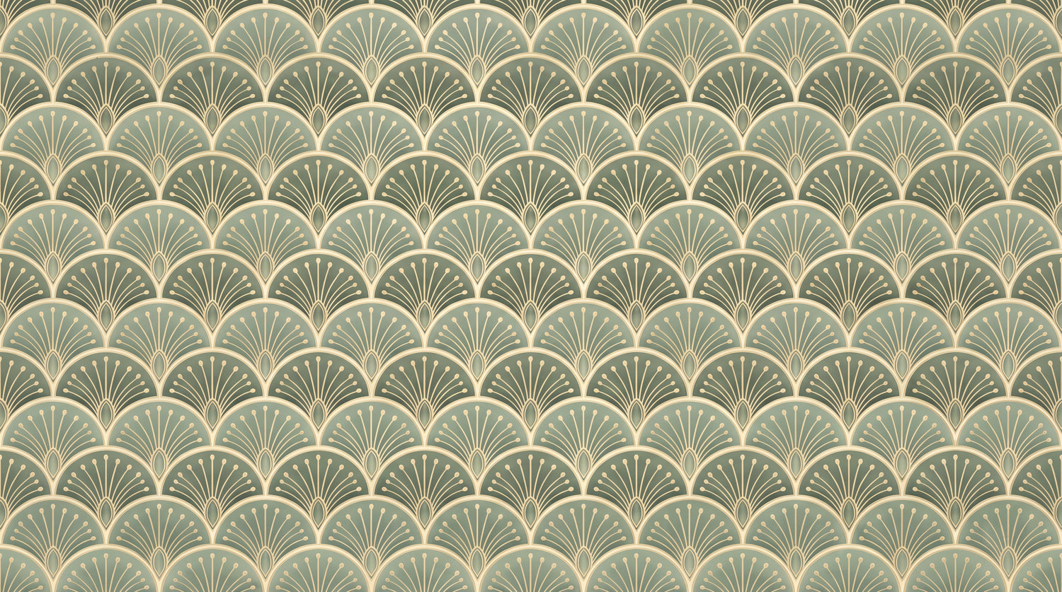 Gilded Fans - Green Art Deco Wallpaper - Sage Geometric Vintage Peel and Stick Mural - Design