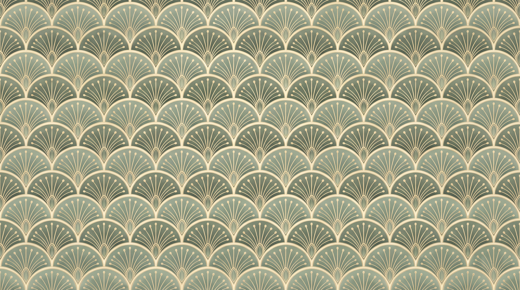 Gilded Fans - Green Art Deco Wallpaper - Sage Geometric Vintage Peel and Stick Mural - Design