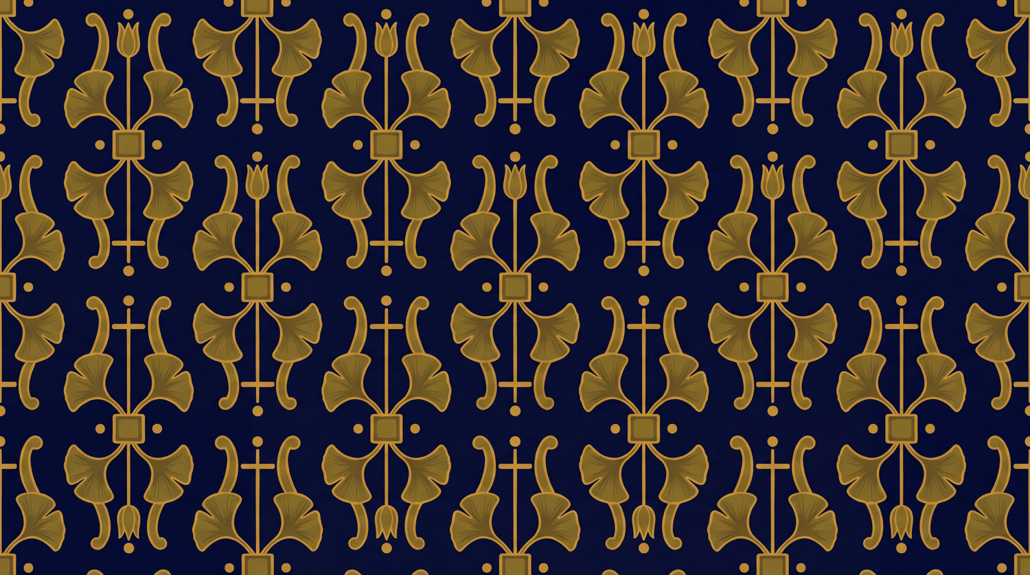 Gilded Ginkgo - Blue Art Deco Wallpaper, Navy Gold Damask Vintage Victorian Peel and Stick - Design