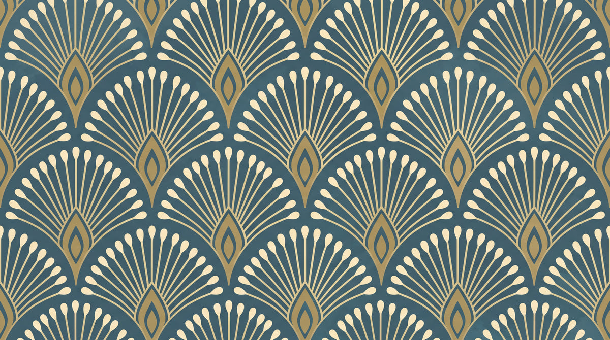 Gilded Plumes - Blue Art Deco Wallpaper - Vintage Geometric Damask Peel and Stick Wall Mural - Design