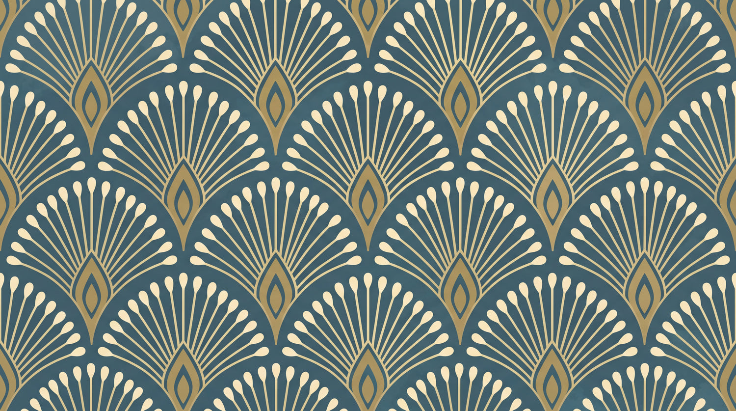 Gilded Plumes - Blue Art Deco Wallpaper - Vintage Geometric Damask Peel and Stick Wall Mural - Design