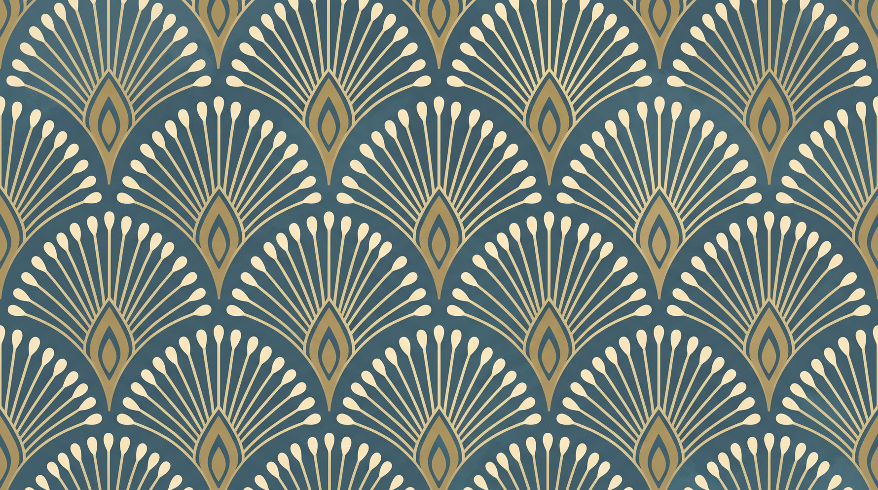 Gilded Plumes - Blue Art Deco Wallpaper - Vintage Geometric Damask Peel and Stick Wall Mural - Design