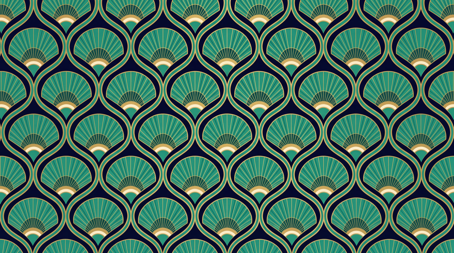 Gilded Plumes - Green Art Deco Wallpaper - Teal Gold Geometric Peacock Feather Vintage Peel and Stick - Design