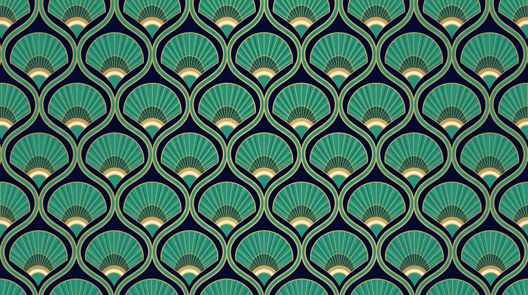 Gilded Plumes - Green Art Deco Wallpaper - Teal Gold Geometric Peacock Feather Vintage Peel and Stick - Design