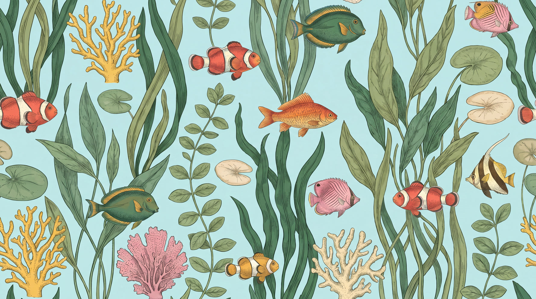 Glasswater Fronds Blue Fish Wallpaper - Botanical Animal Greenery Leaf Peel and Stick Wall Mural - Design