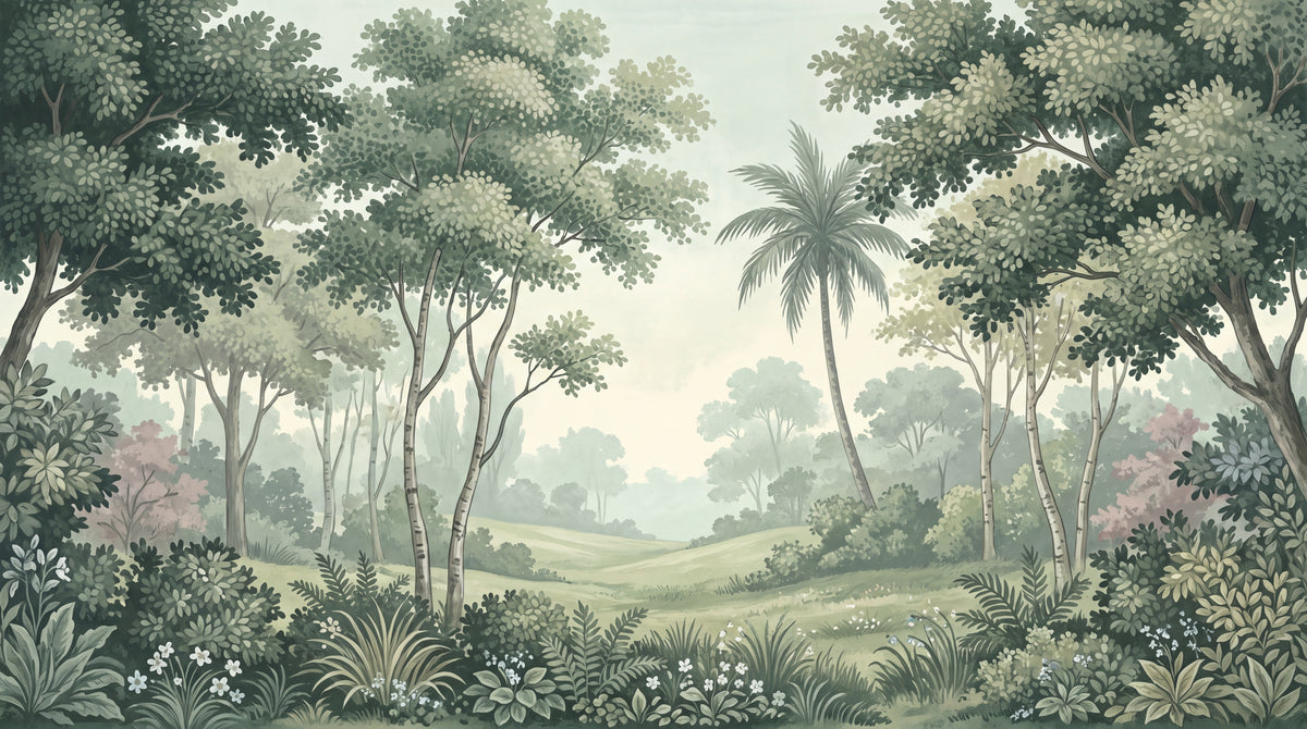 Glasswater Meadow Green Forest Wallpaper - Sage Green Greenery Wall Mural with Palm Tree Botanical Landscape Scenery - Design