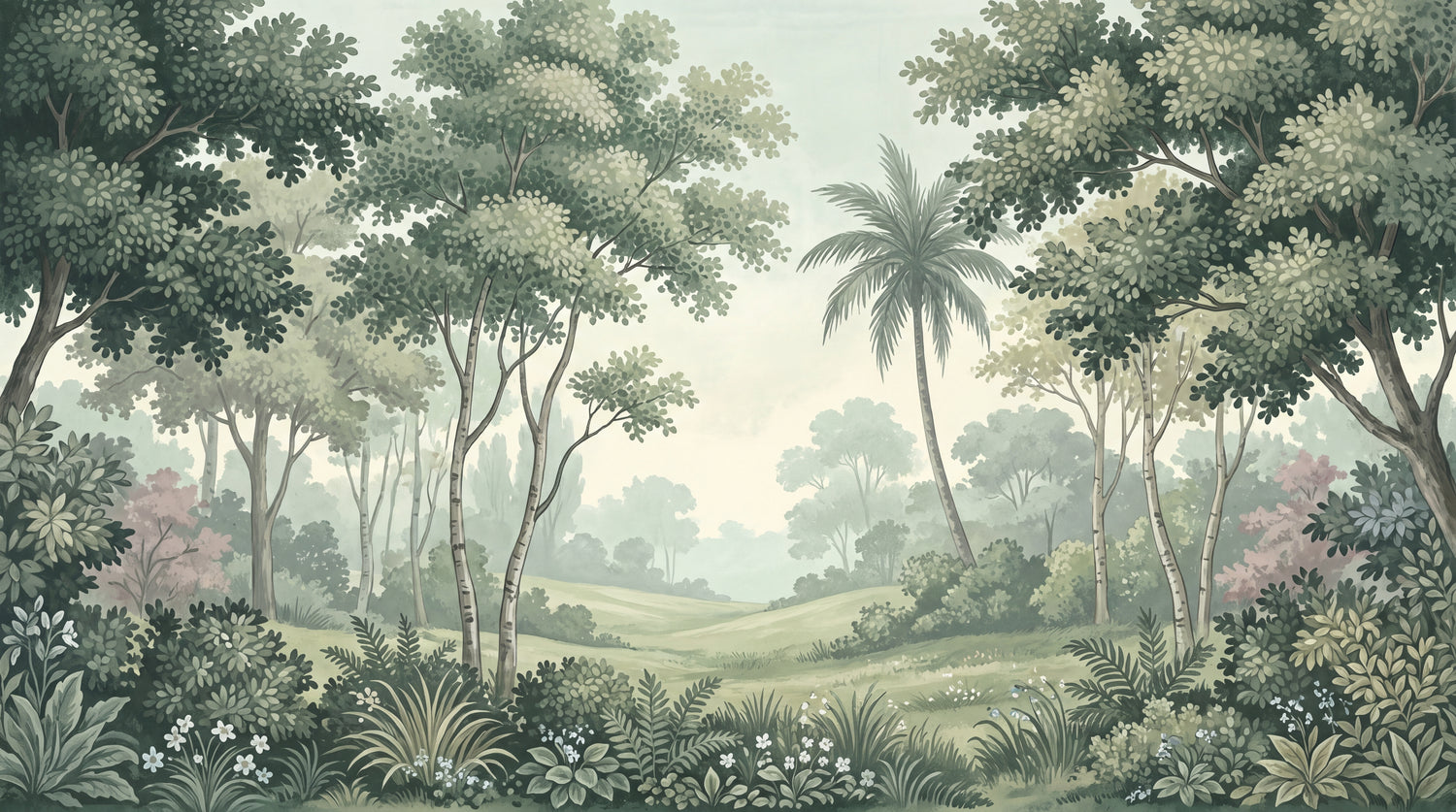Glasswater Meadow Green Forest Wallpaper - Sage Green Greenery Wall Mural with Palm Tree Botanical Landscape Scenery - Design