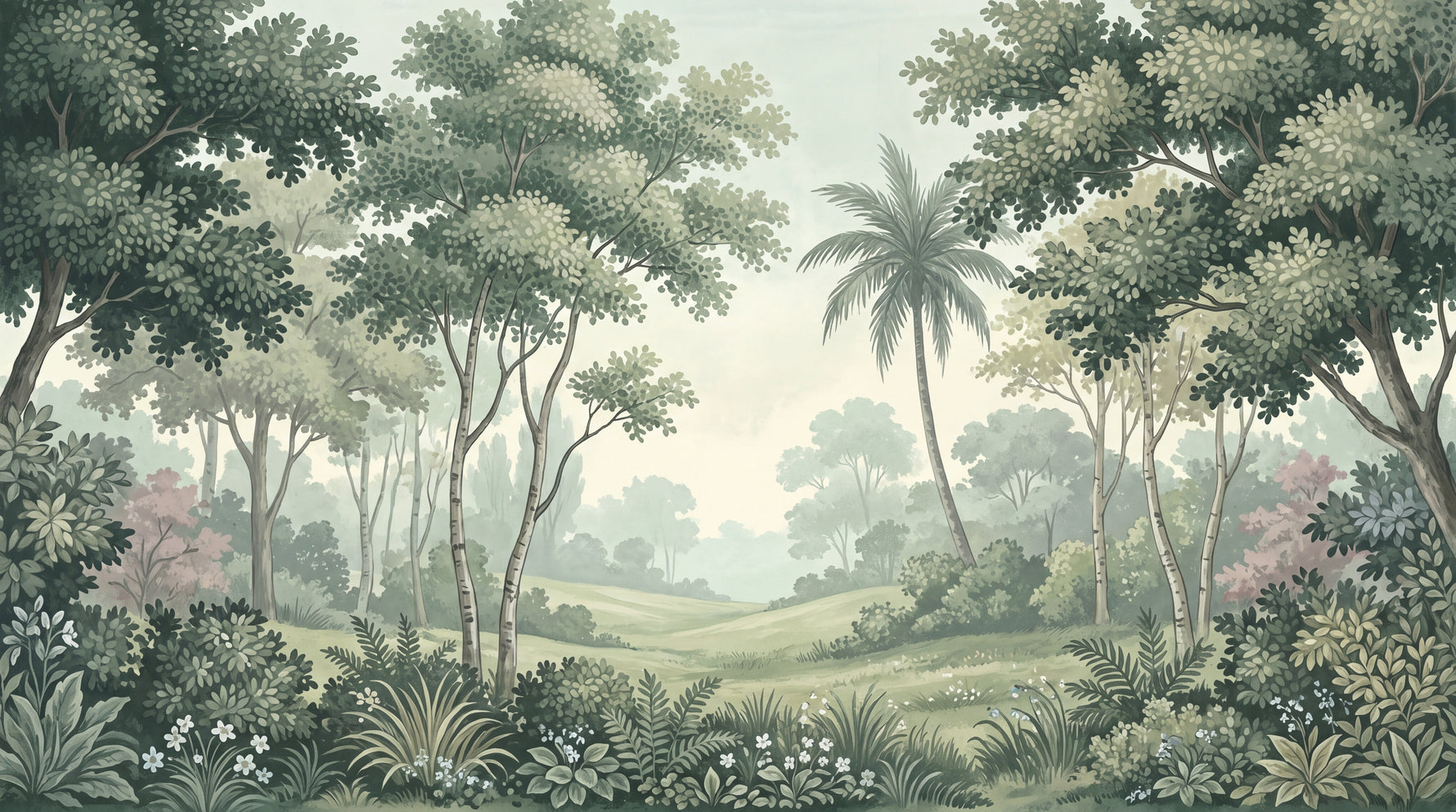 Glasswater Meadow Green Forest Wallpaper - Sage Green Greenery Wall Mural with Palm Tree Botanical Landscape Scenery - Design