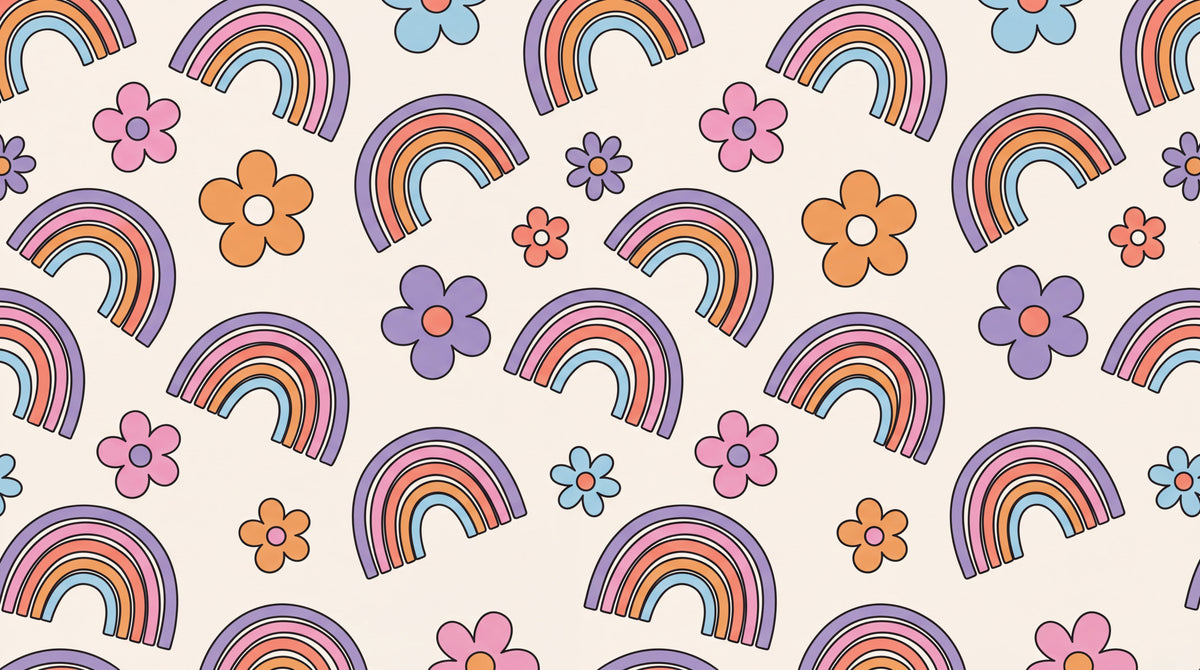 Groovy Bloomfield Pastel Kids Wallpaper for Nursery - Retro Boho Rainbow Peel and Stick Wall Mural - Design