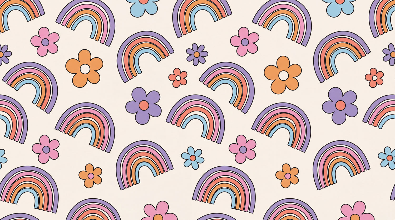 Groovy Bloomfield Pastel Kids Wallpaper for Nursery - Retro Boho Rainbow Peel and Stick Wall Mural - Design