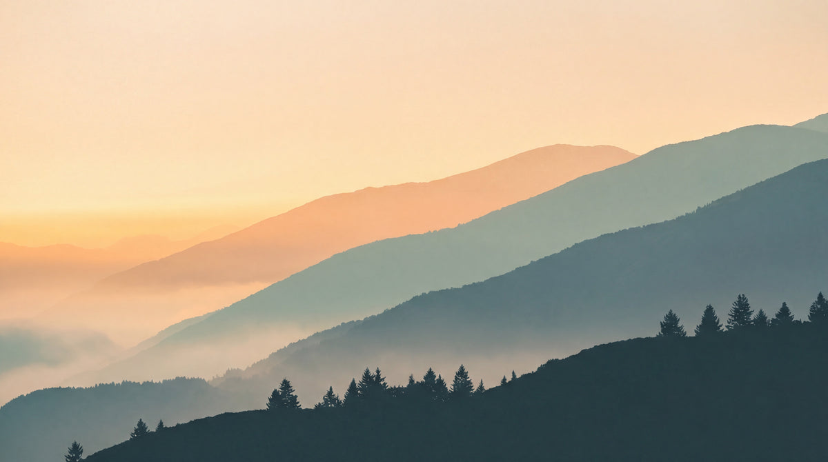 Hazy Horizon - Orange Mountain Wallpaper - Misty Landscape Scenery Peel and Stick Wall Mural - Design