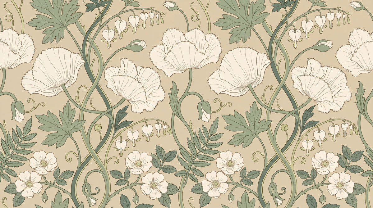 Heirloom Bloom Beige Floral Wallpaper - Vintage Sage Green Greenery Peel and Stick - Design