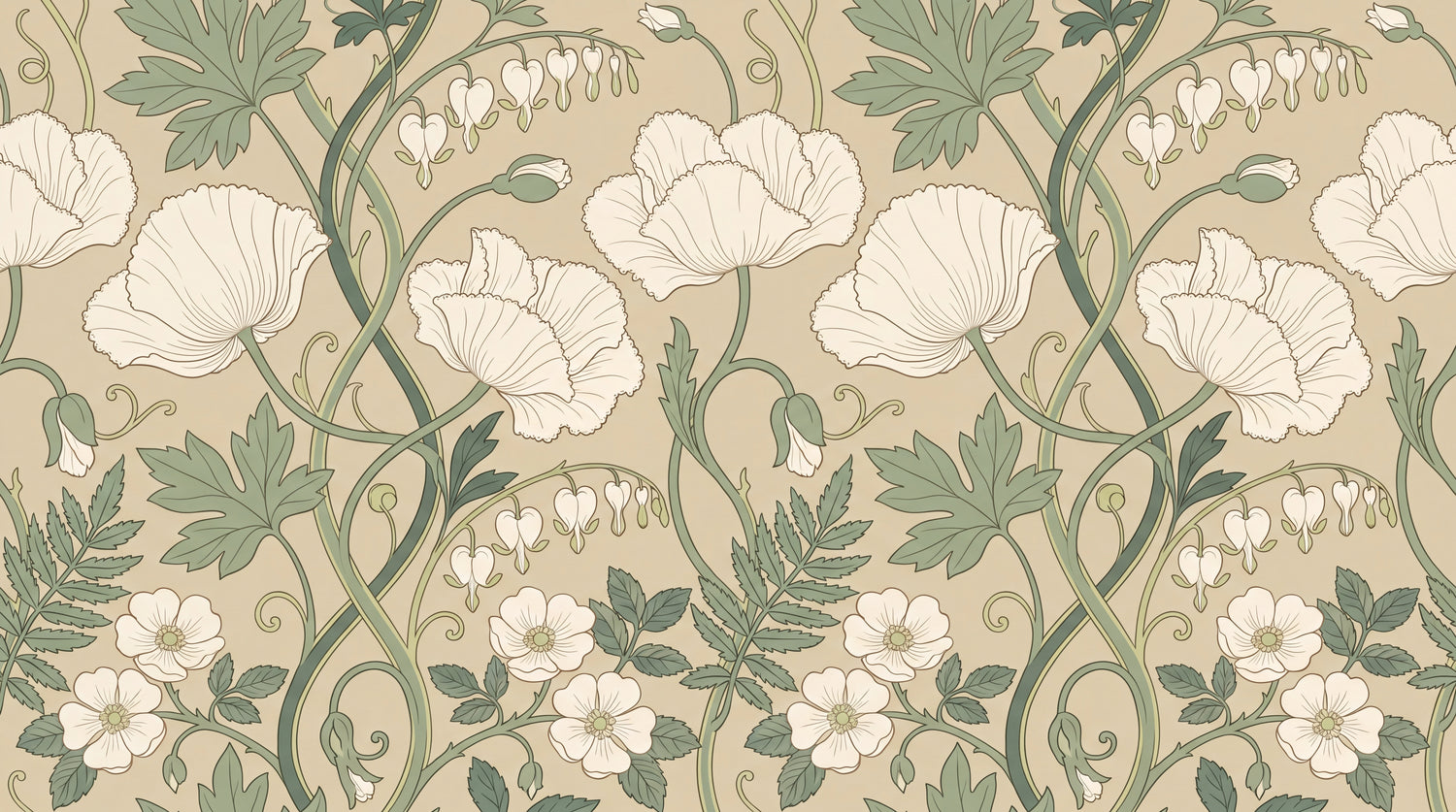 Heirloom Bloom Beige Floral Wallpaper - Vintage Sage Green Greenery Peel and Stick - Design