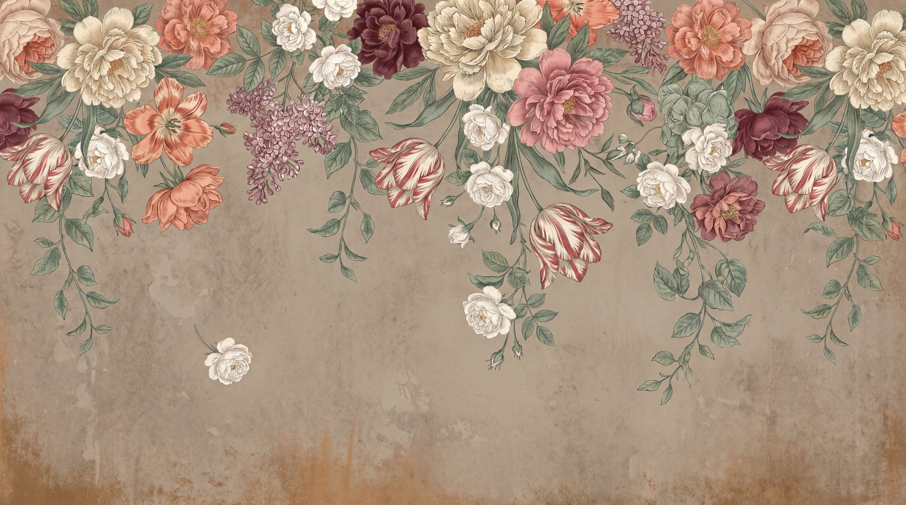 Heirloom Garland Beige Floral Wallpaper - Vintage Rose Botanical Wall Mural - Design