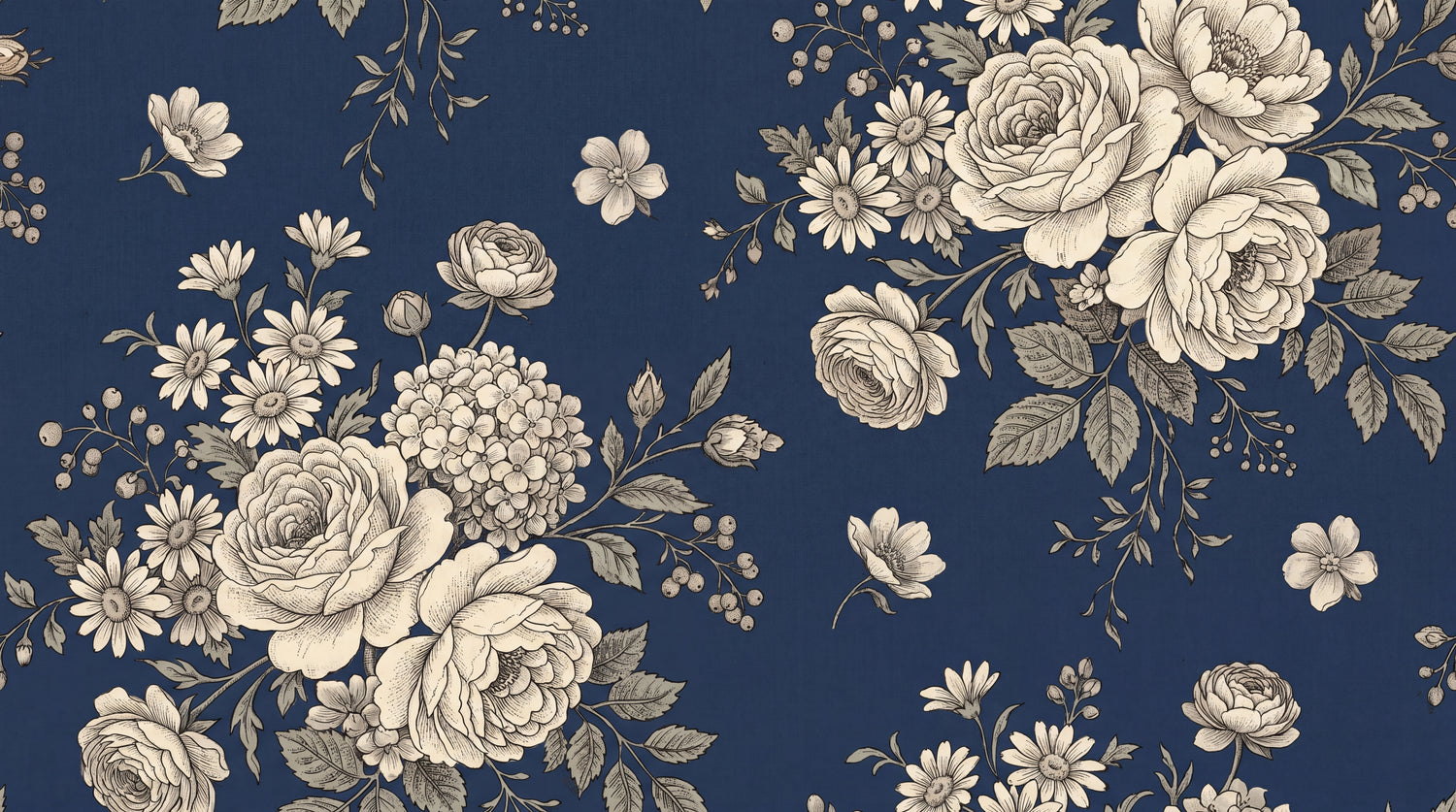 Heirloom Thistle - Blue Floral Wallpaper Navy Blue Vintage Rose Daisy Peel and Stick Wall Mural - Design
