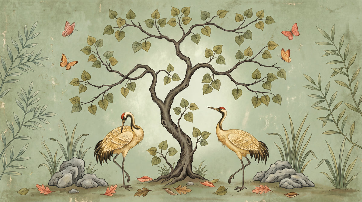 Heron Grove Green Chinoiserie Wallpaper - Sage Vintage Botanical Tree Japanese Wall Mural - Design