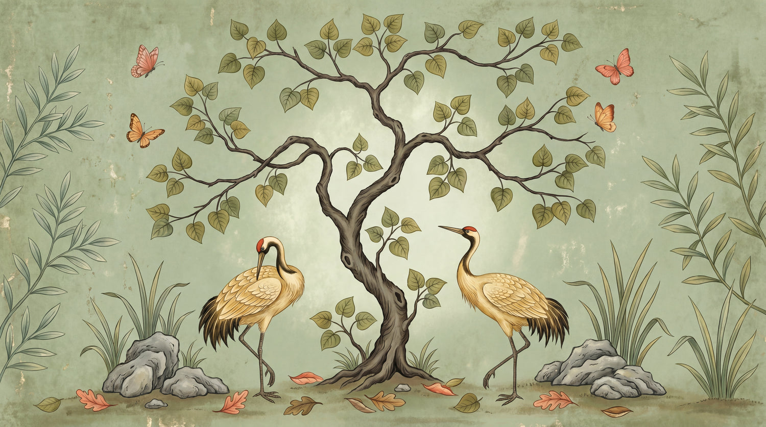 Heron Grove Green Chinoiserie Wallpaper - Sage Vintage Botanical Tree Japanese Wall Mural - Design