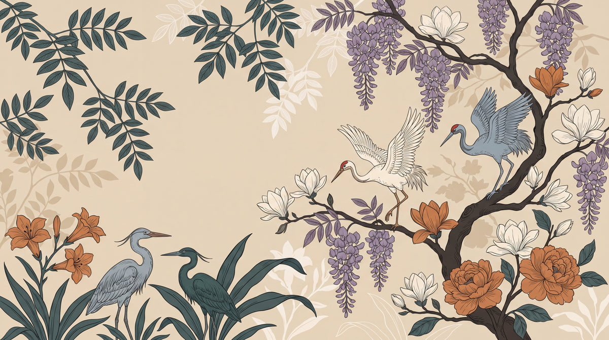 Heron Hour Beige Chinoiserie Wallpaper - Magnolia Japanese Botanical Floral Vintage Peel and Stick Mural - Design
