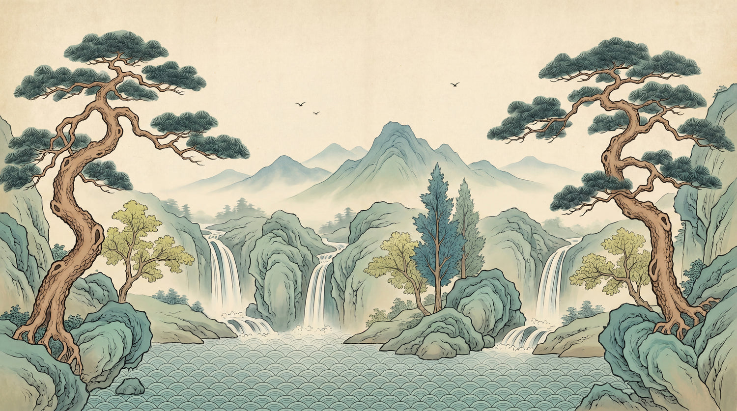 Heron Pavilion Green Chinoiserie Wallpaper - Landscape Scenery Japanese Wall Mural Peel and Stick - Design