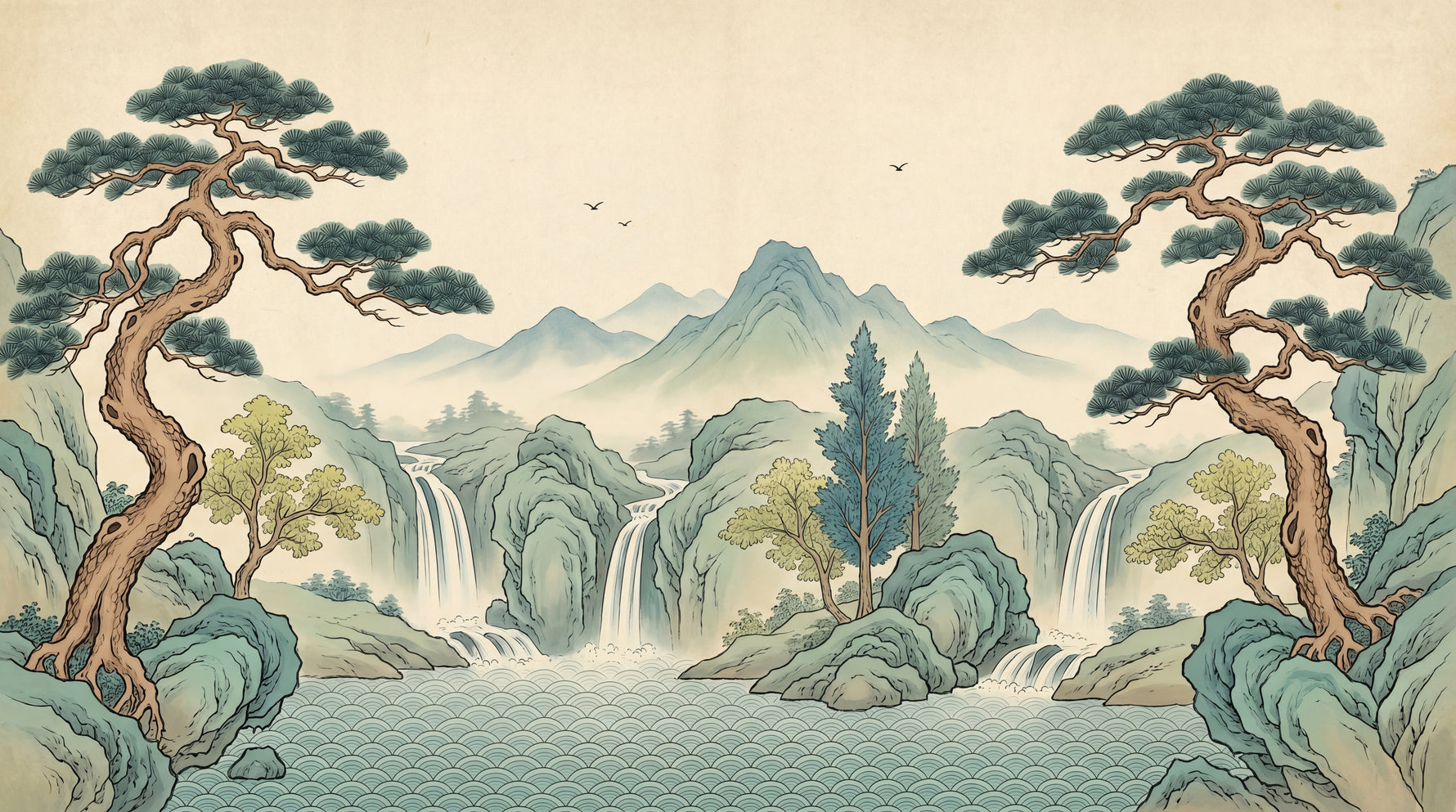 Heron Pavilion Green Chinoiserie Wallpaper - Landscape Scenery Japanese Wall Mural Peel and Stick - Design