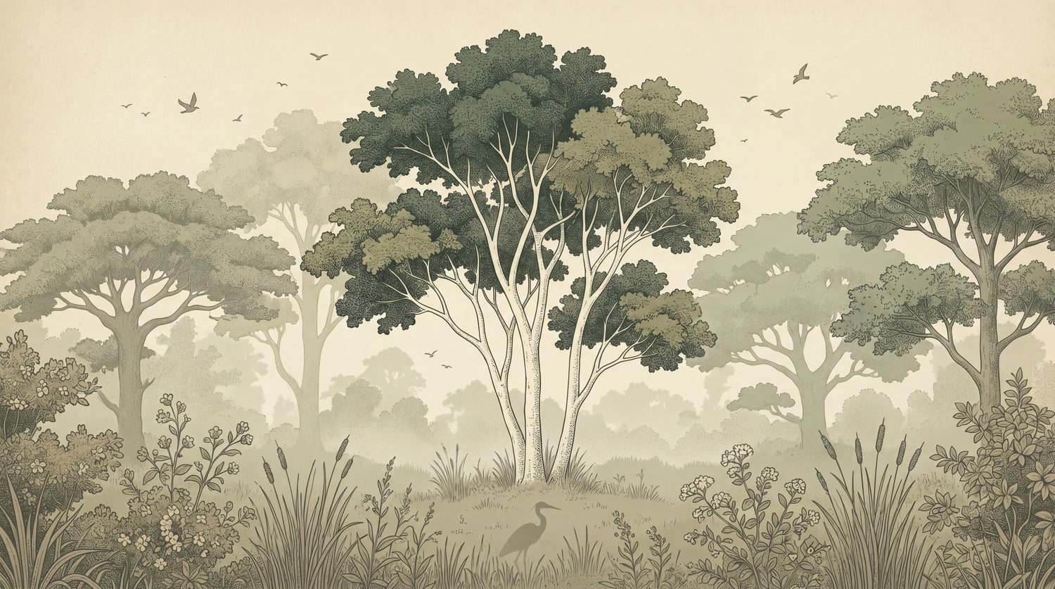 Heronwood Mist Green Forest Wallpaper - Vintage Woodland Botanical Landscape Scenery Wall Mural - Design
