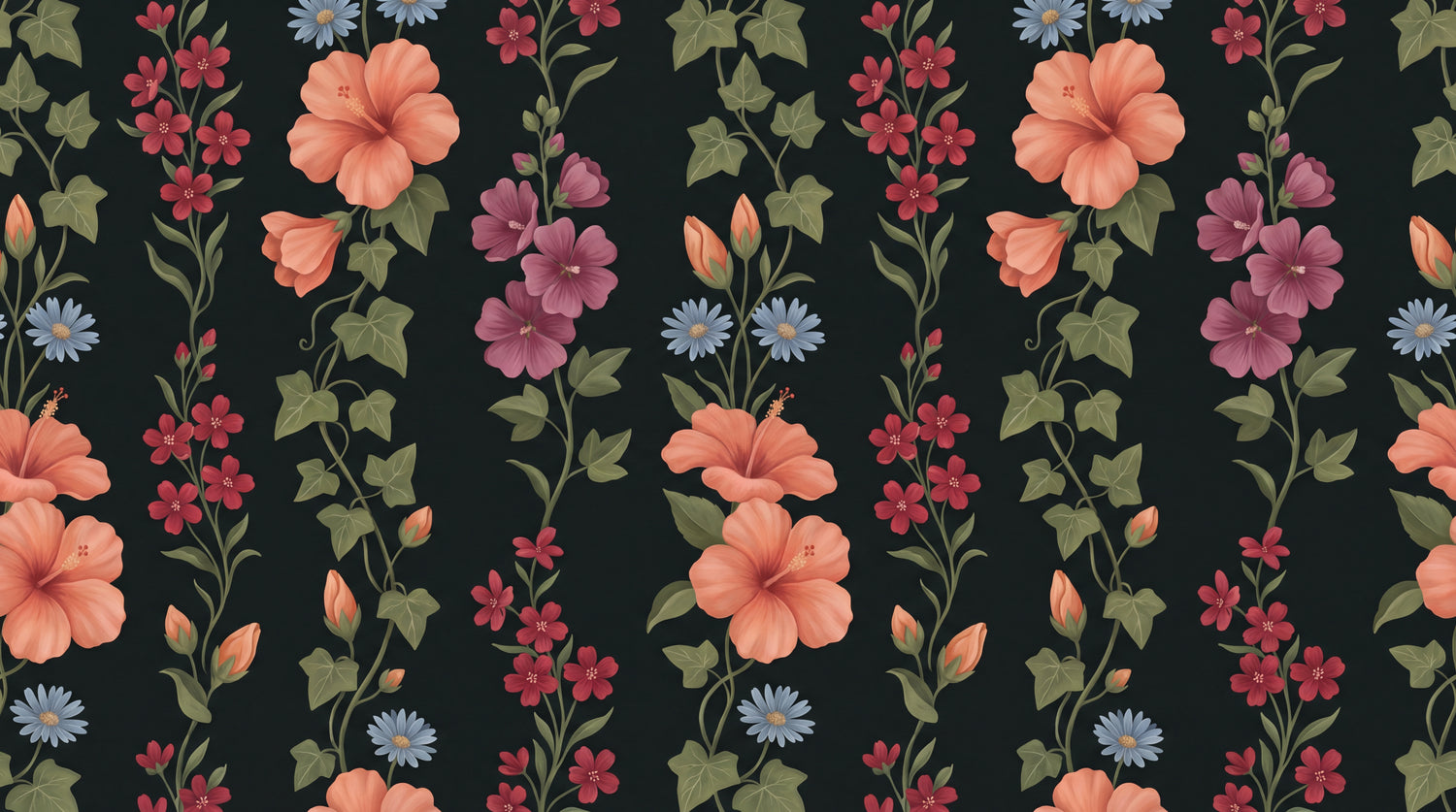 Hibiscus Nightfall Dark Floral Wallpaper - Vintage Pink Flower Wallpaper Peel and Stick Daisy Mural - Design