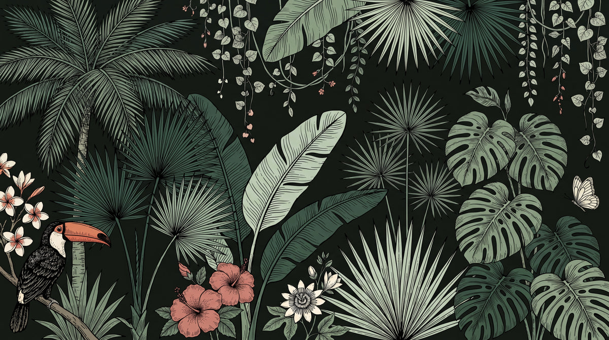 Hibiscus Plume Dark Tropical Wallpaper - Dark Green Jungle Botanical Palm Tree Leaf Peel and Stick - Design