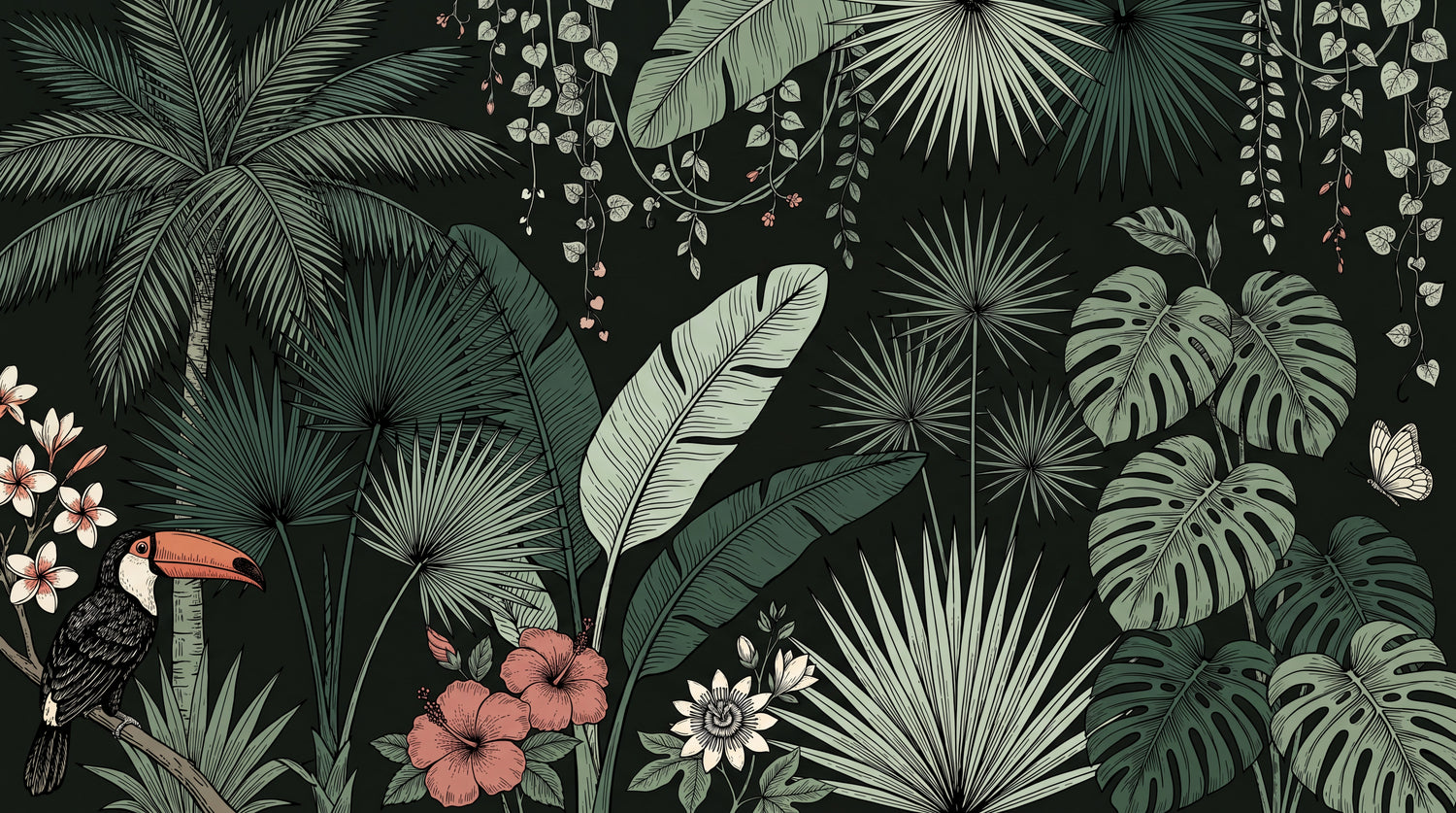 Hibiscus Plume Dark Tropical Wallpaper - Dark Green Jungle Botanical Palm Tree Leaf Peel and Stick - Design