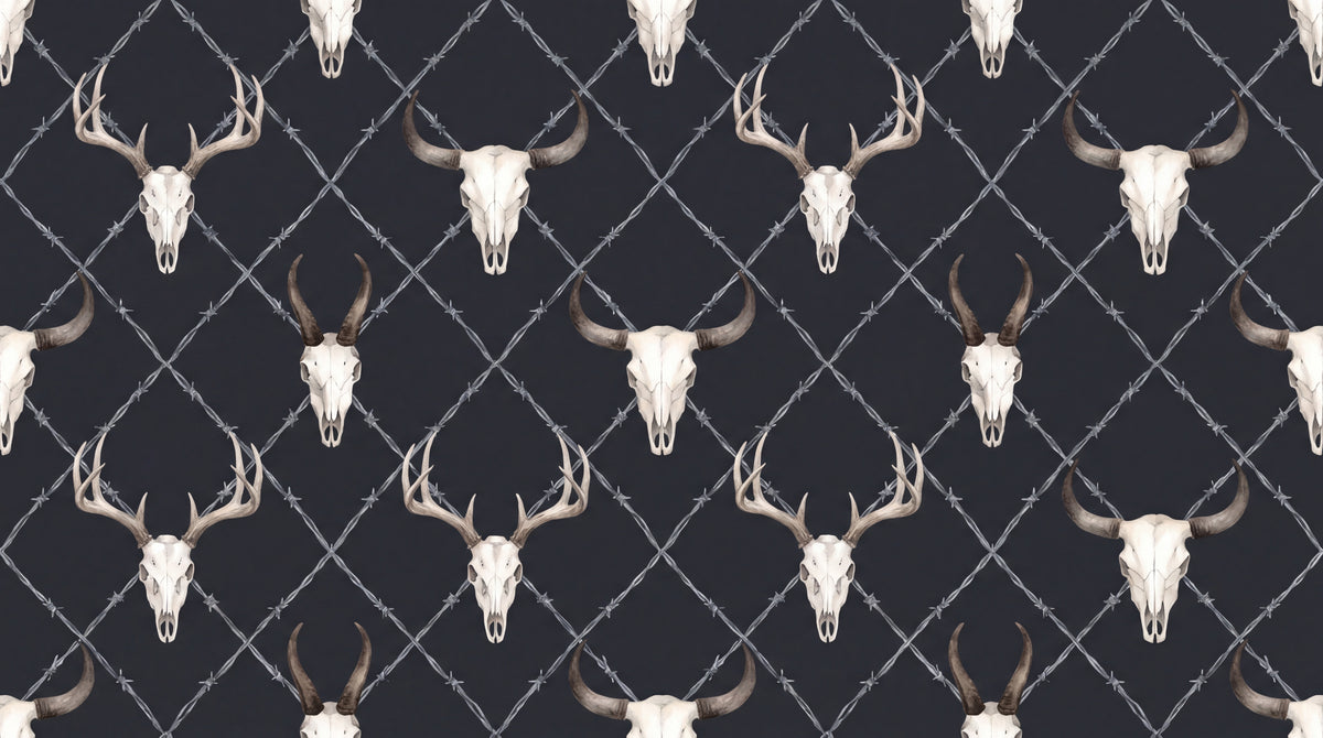 Horned Frontier Dark Gothic Wallpaper - Black Skull Western Cowboy Peel and Stick Mural - Design