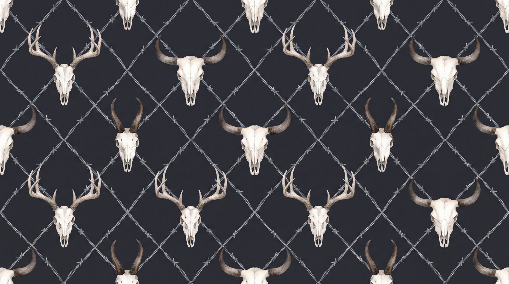 Horned Frontier Dark Gothic Wallpaper - Black Skull Western Cowboy Peel and Stick Mural - Design