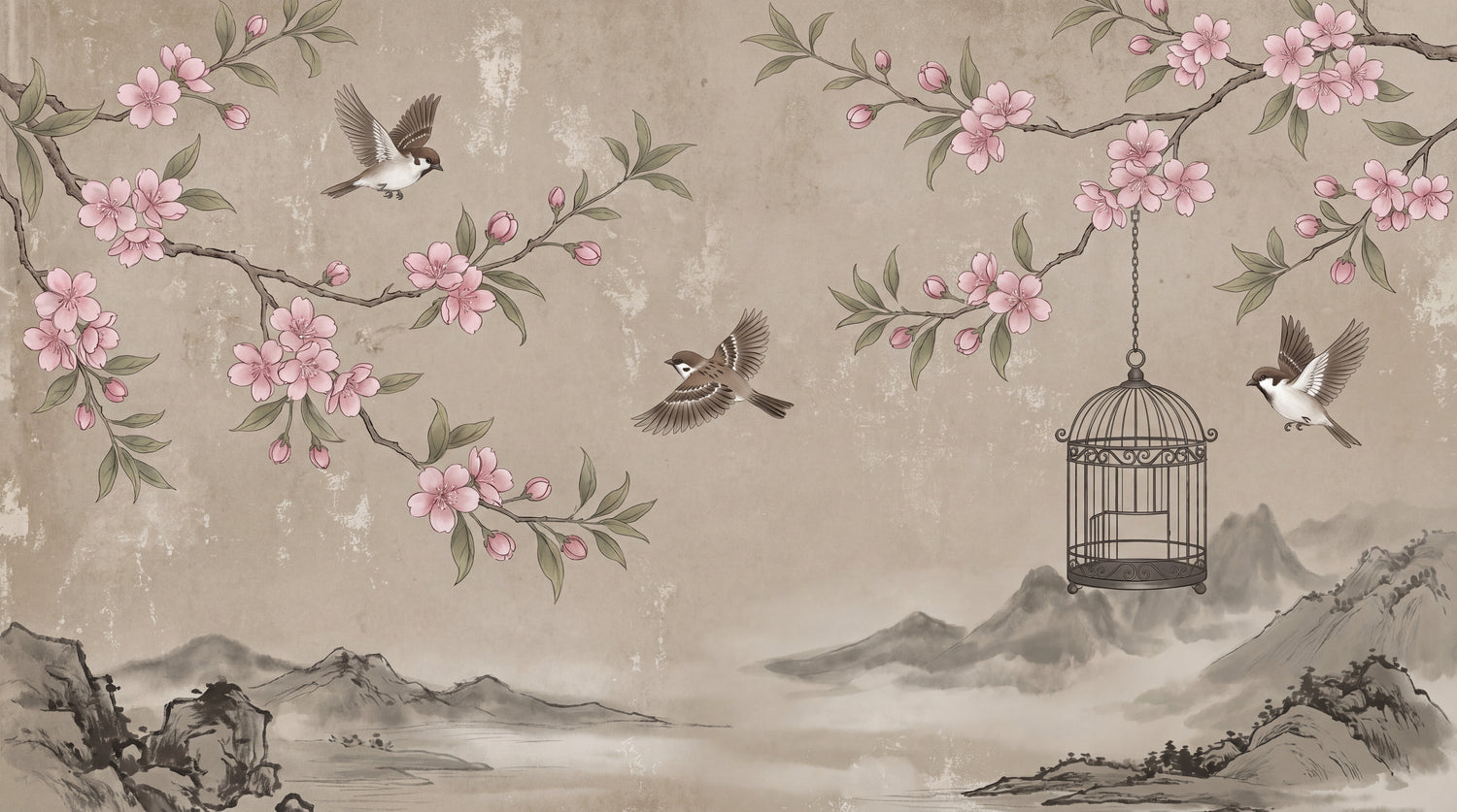 Hovering Sparrows Beige Chinoiserie Wallpaper - Vintage Japanese Wallpaper Peel and Stick Wall Mural - Design