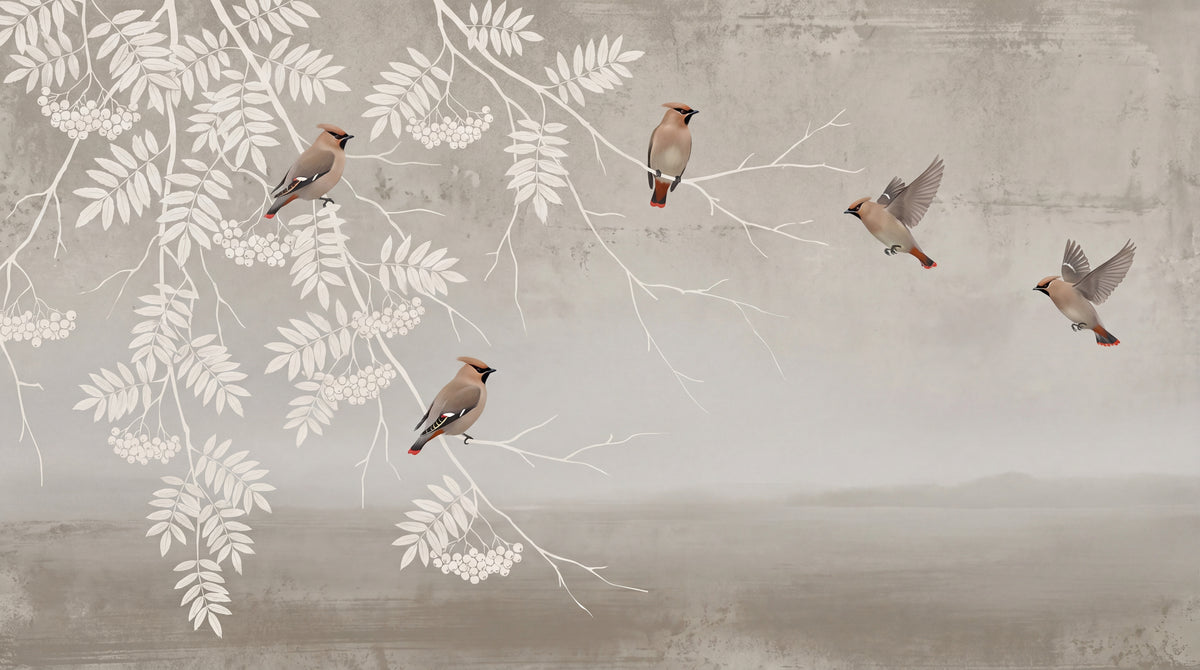 Hushed Aviary Beige Chinoiserie Wallpaper - Botanical Animal Leaf Japanese Wall Mural - Design